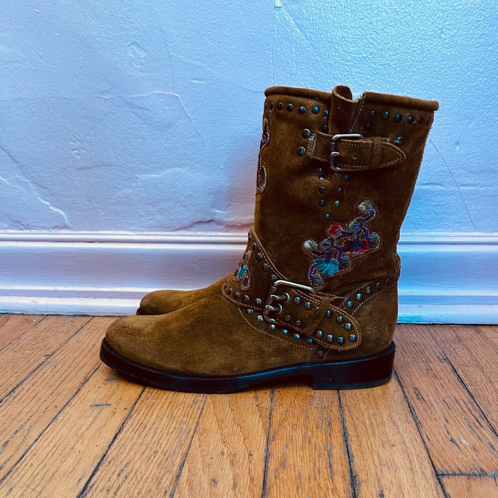 Frye Suede Nat Flower Embroidered Engineer Boot